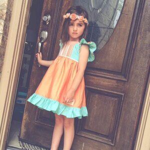 Girls Rosa Flamenco Apricot Aria Peach Orange Aqua Flutter Sleeve Dress size 5/6